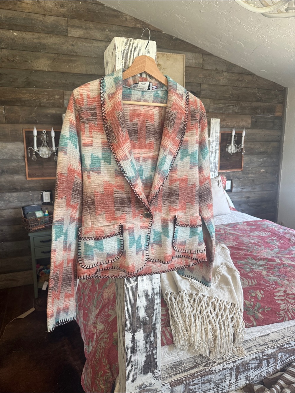 Textured Tribal-Print Patch Pocket Jacket in Coral & Teal